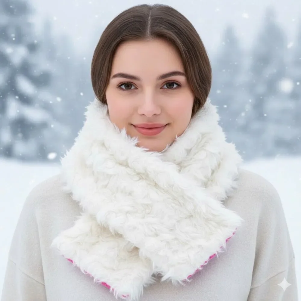 Heurueh Hybrid Pull Thru Scarf Winter White Vegan Fur Pink Fleece Lined $180 NEW